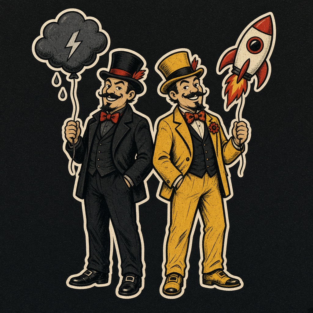 Two carnival barkers, one with a storm cloud and one with a rocket