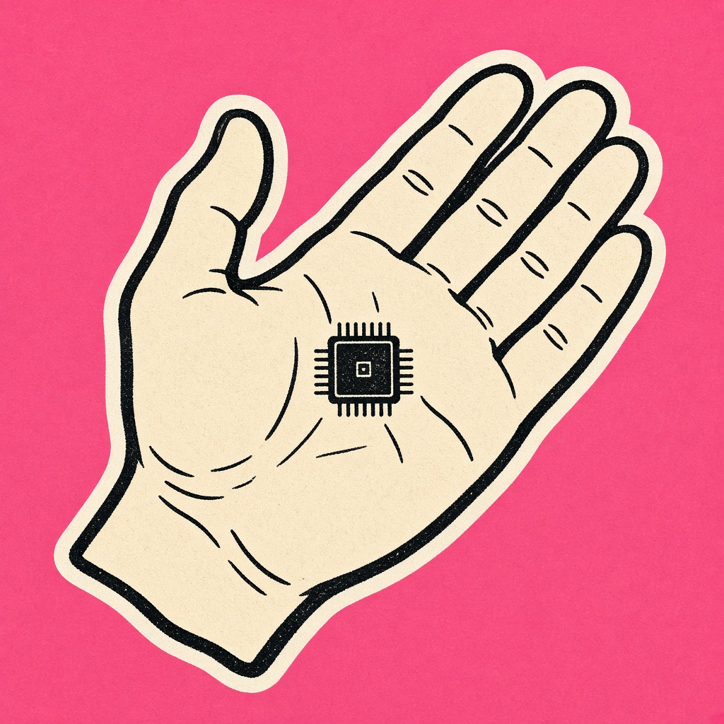 A human hand holding a tiny microchip