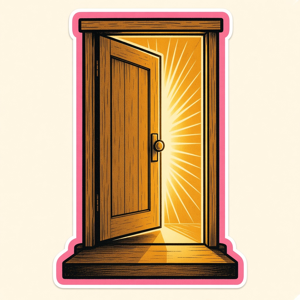 A wooden door standing open, warm light spilling out