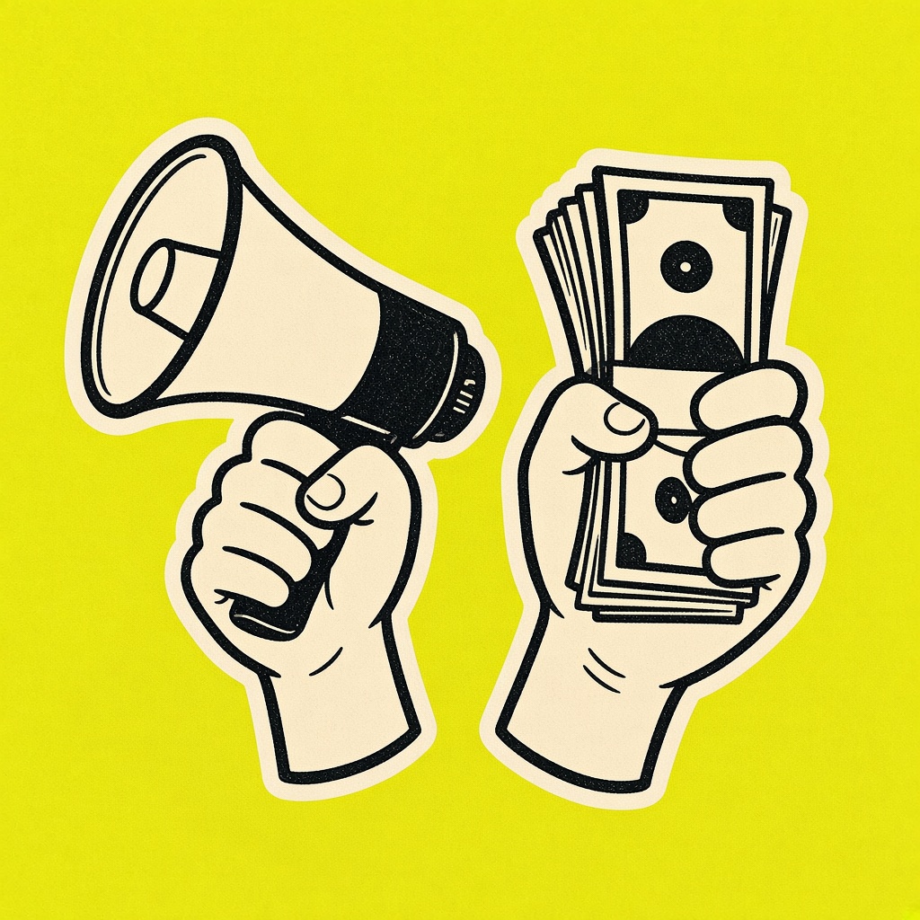 One hand holding a megaphone and the other holding cash