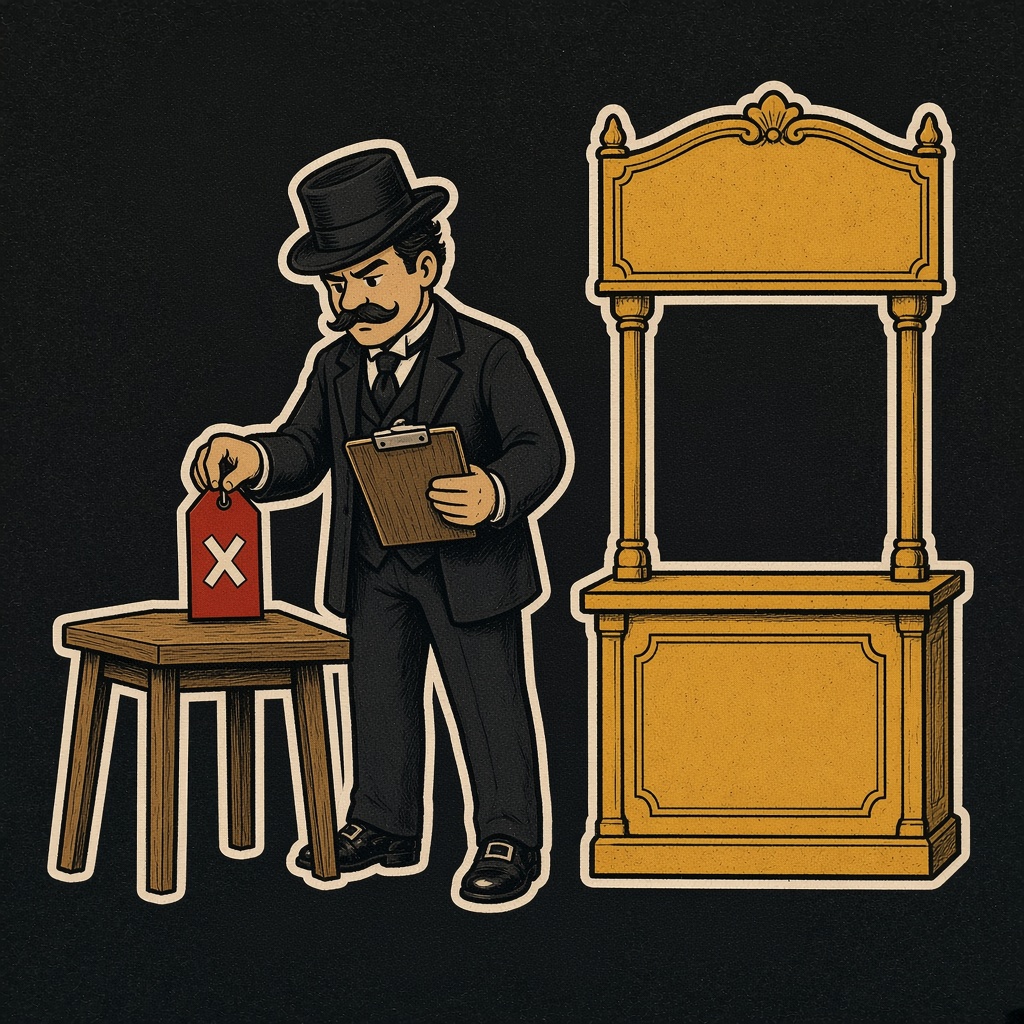 An inspector tagging a small lemonade stand while a fancy stand stays open