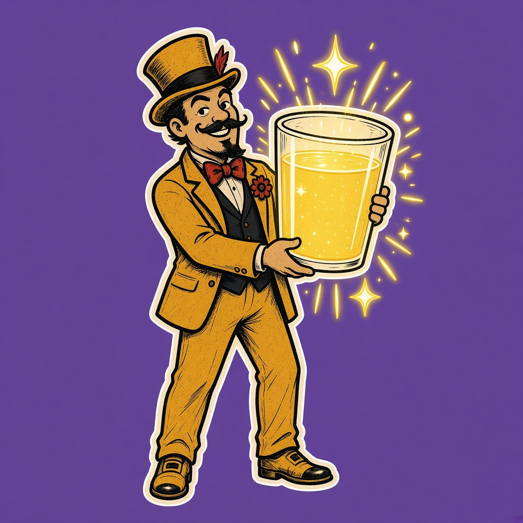 A vendor holding up a glowing cup of lemonade