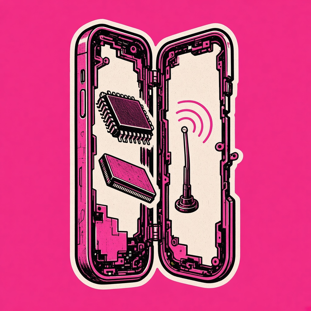 A phone split open, showing a chip, memory, and an antenna