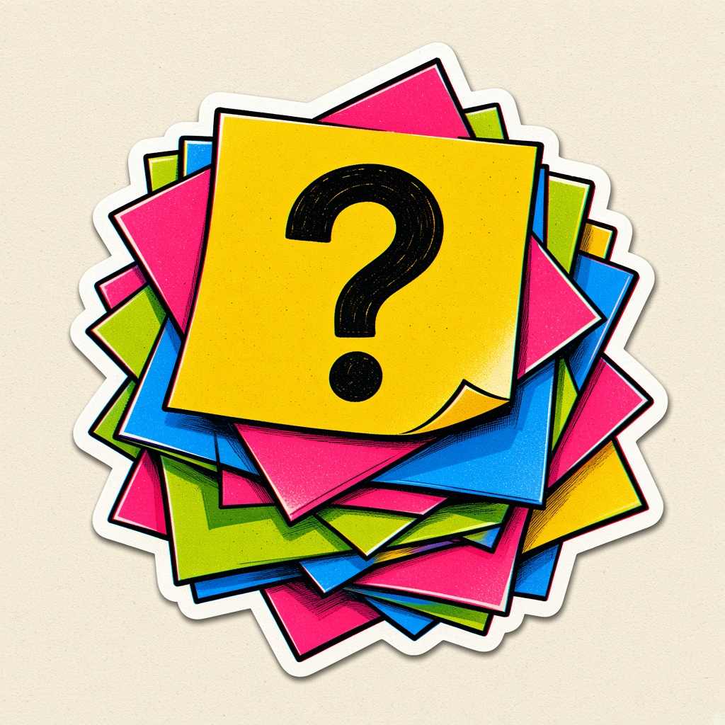 A pile of colorful sticky notes, the top one a question mark