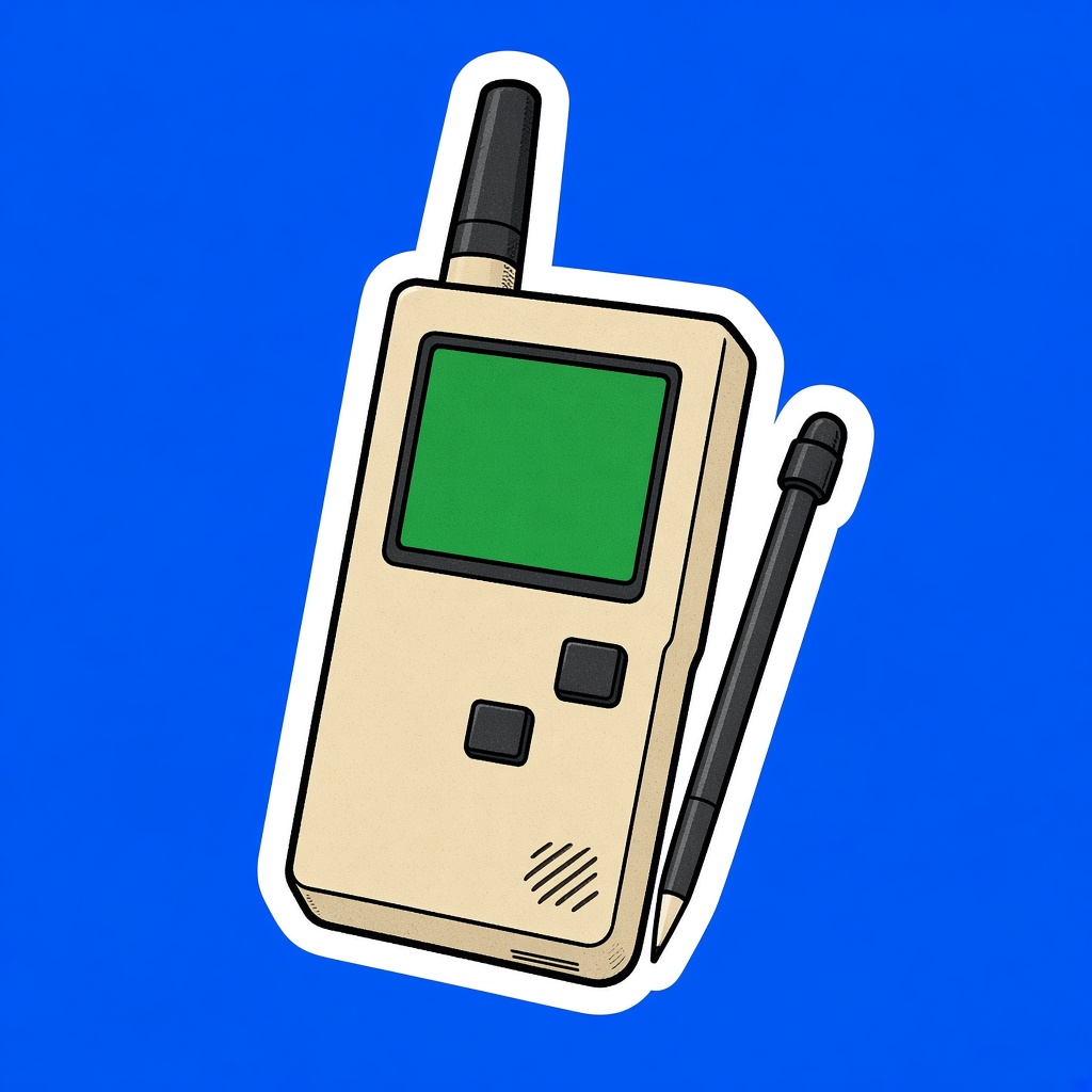 A chunky early handheld communicator with a stylus