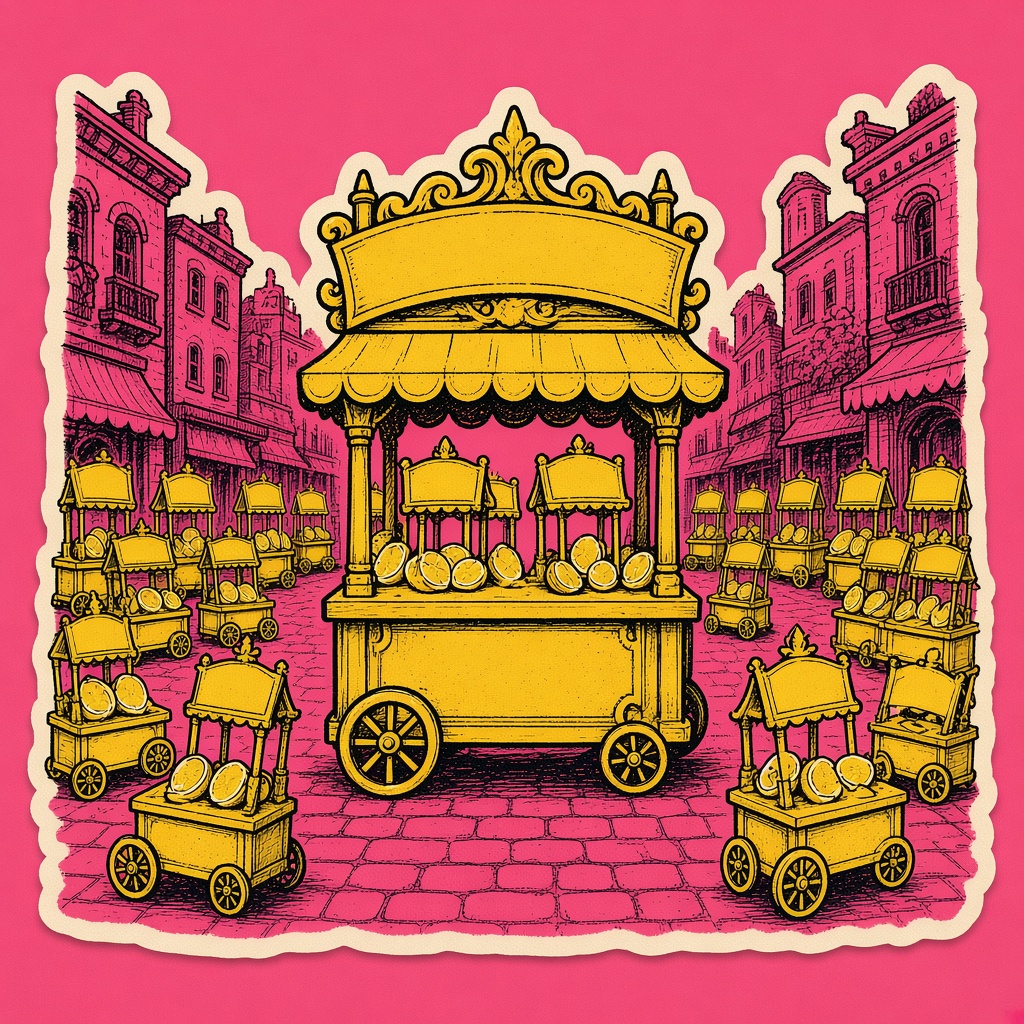 A street full of little lemonade stands around one giant stand